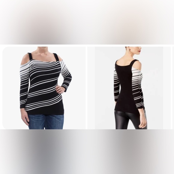 🖤🤍LIKE NEW INC INTERNATIONAL CONCEPTS BLACK AND WHITE STRIPED BLOUSE SZ M🤍🖤 - Picture 1 of 6